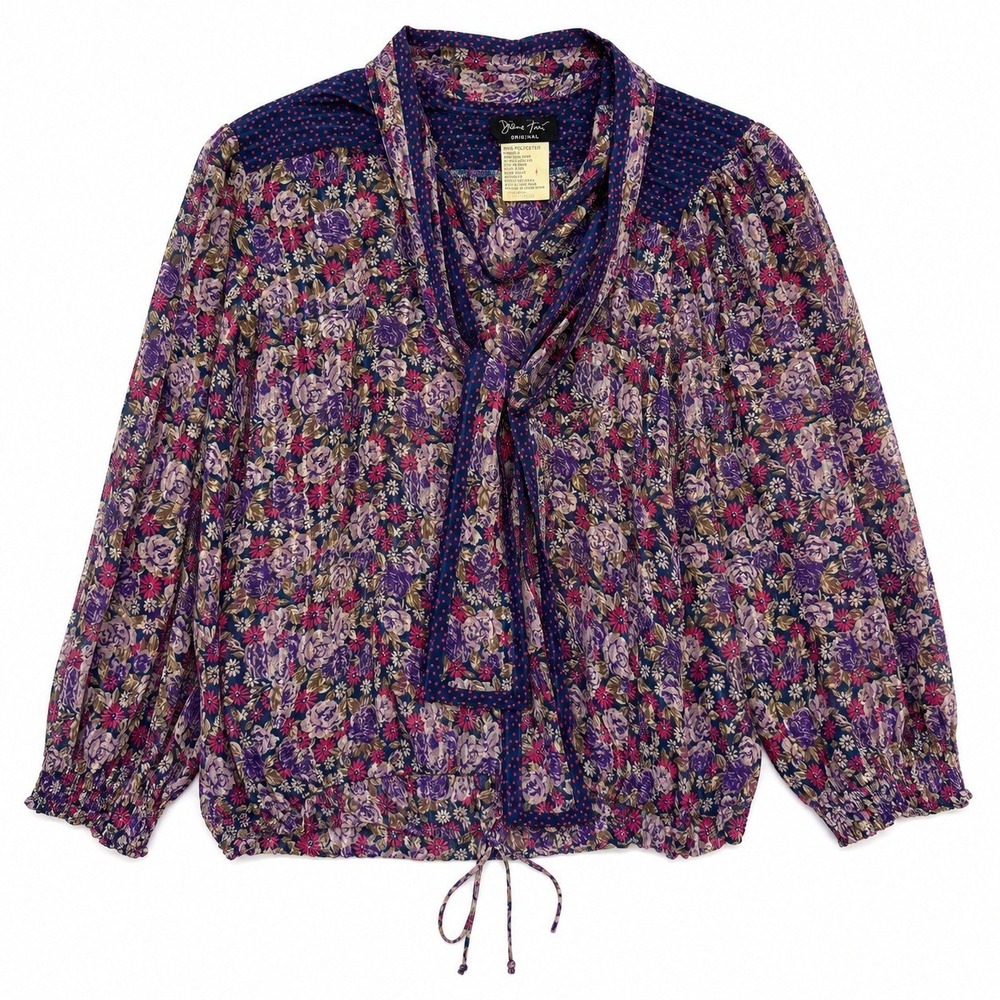 Diane Freis‎ Boho Top Floral Polka Dot  Bow tie Blouse Purple Cottagecore fairy